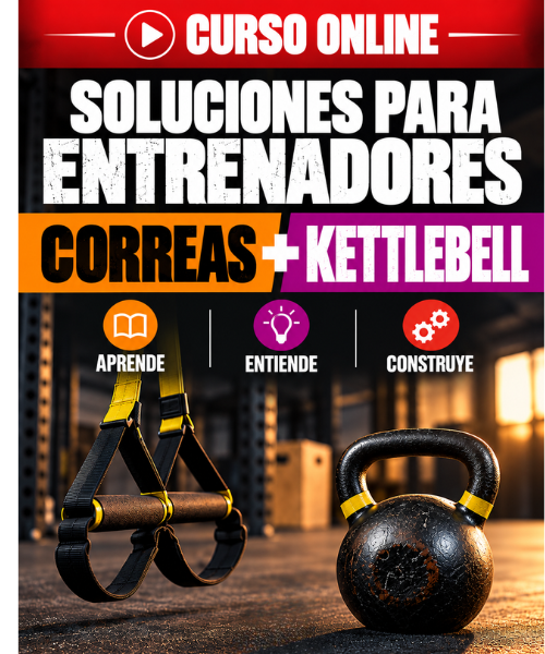 una kettlebell junto a una correa de suspension